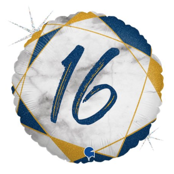 Folienballon - Marmoriert blau, Zahl 16 - ø 43cm